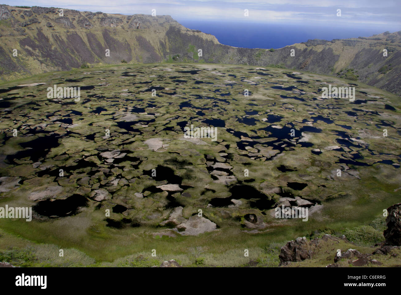 The crater of Rano Kau volcano with a 1.5km diameter and depth of 300m. Stock Photo