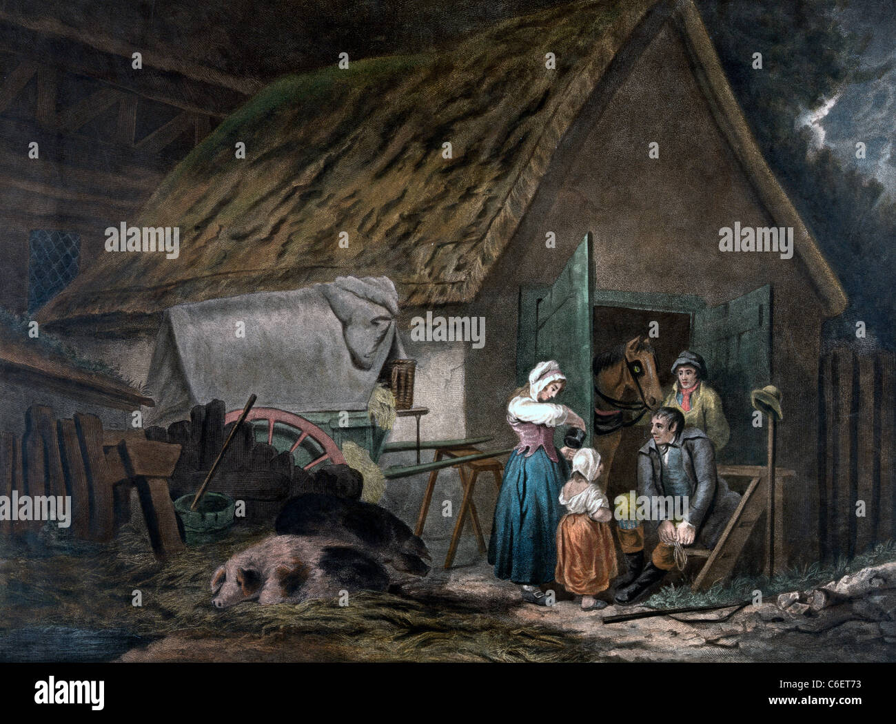 Morning Or Higlers Preparing Market - 18th Century coloured print Stock Photo