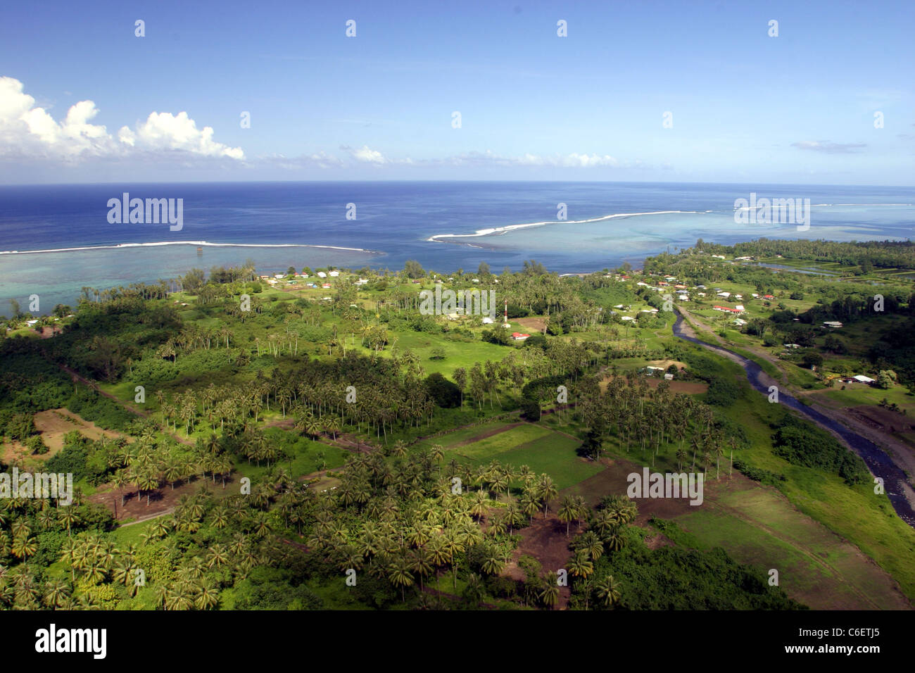 Overview of Teahupoo and the Pacific Ocean. Teahupoo, Tahiti, French Polynesia, Pacific Stock Photo