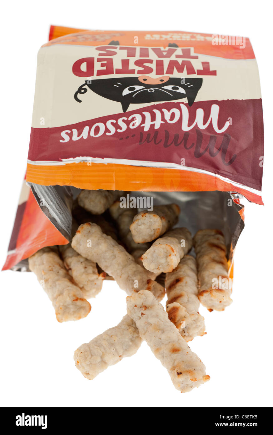 Packet of seasoned pork snacks Mattessons twisted tails Stock Photo
