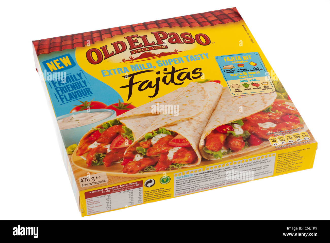 Box of Old El Paso extra mild Fajitas serving 3 or 4. Stock Photo