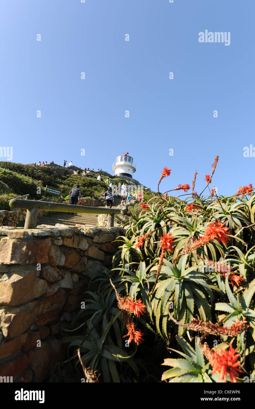 view to Historic Lighthouse (1860-1919), Cape Point, Cape of Good Hope, Table Mountain National Park, Western Cape, South Africa Stock Photo