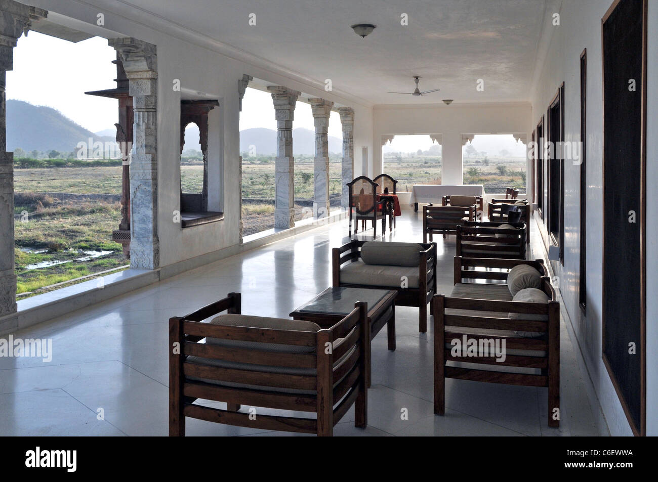 Open verandah Kaseh Bagh Hotel Jojawar Rajasthan India Stock Photo