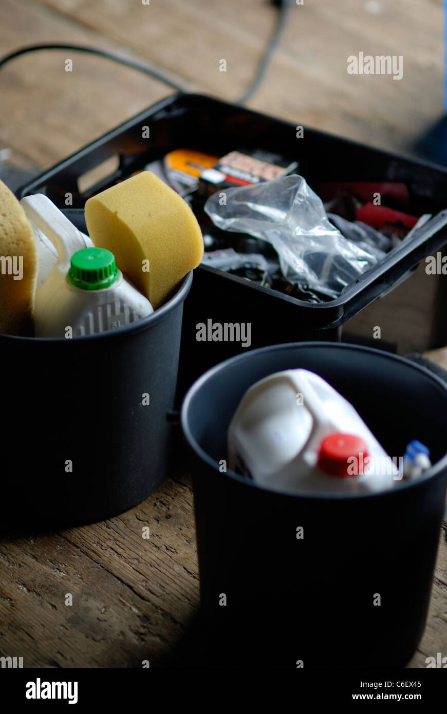 Plastic buckets and containers with tools and sponges Stock Photo Alamy
