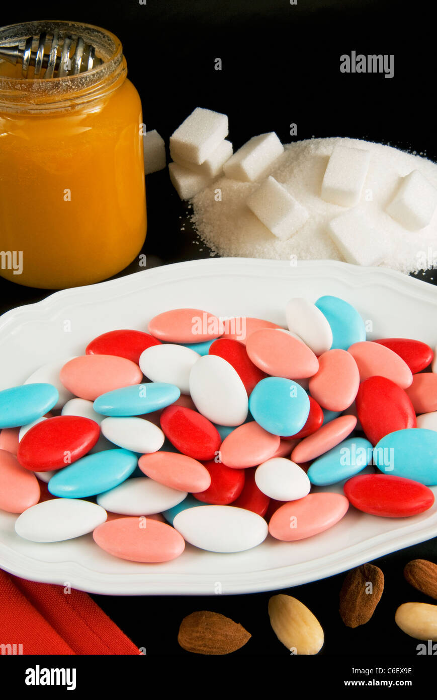 Confetti and ingredients or Jordan almonds Stock Photo Alamy