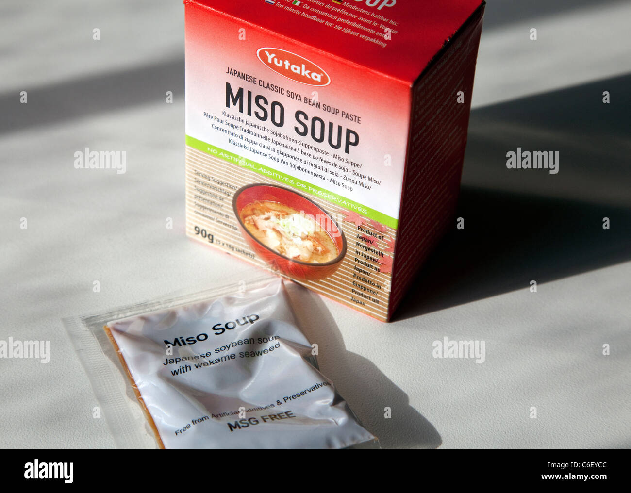 Japanese miso soup with wakame seaweed packets, London Stock Photo