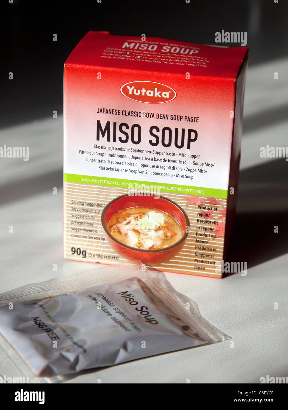 Japanese miso soup with wakame seaweed packets, London Stock Photo