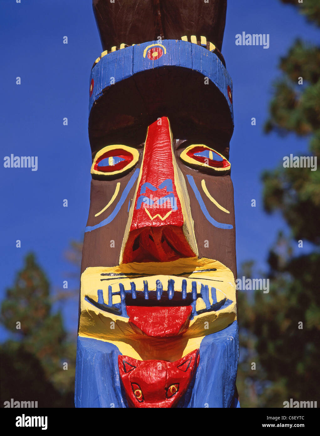 Colourful totem pole on shore of Lake Tahoe, Sierra Nevada, Nevada