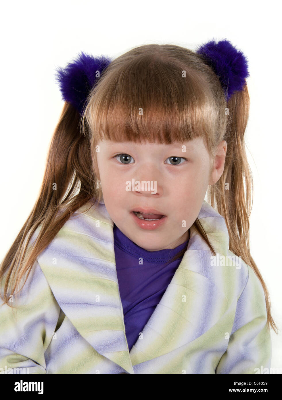 Portrait of the cheerful little girl on a white background Stock Photo ...