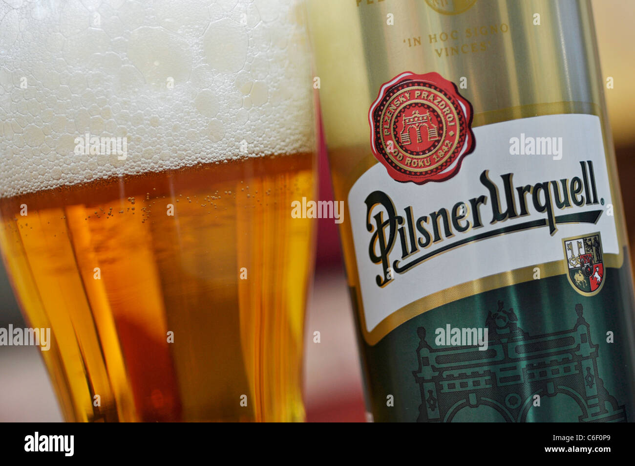 Beer Can and Glass, Pilsner Stock Photo