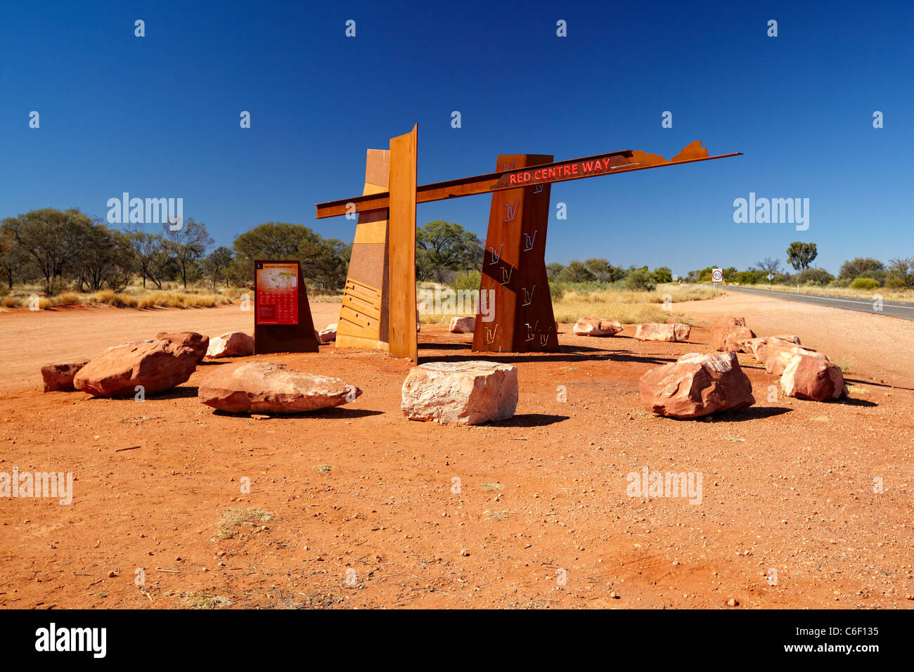 Red Centre Way Sign, Lesseter Highway, Australia Stock Photo