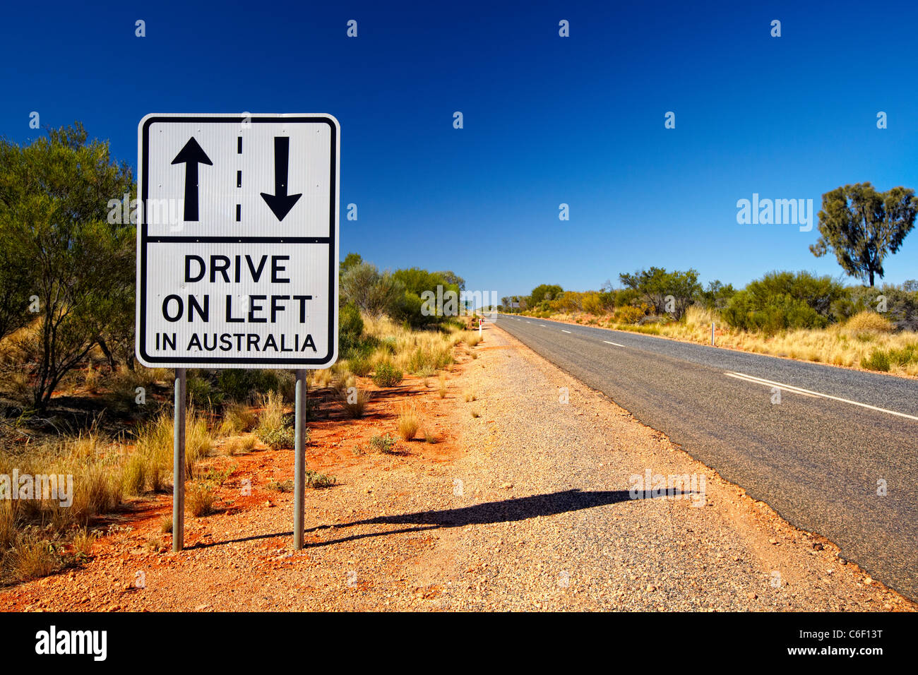 'Drive on left in Australia' sign, Australia Stock Photo