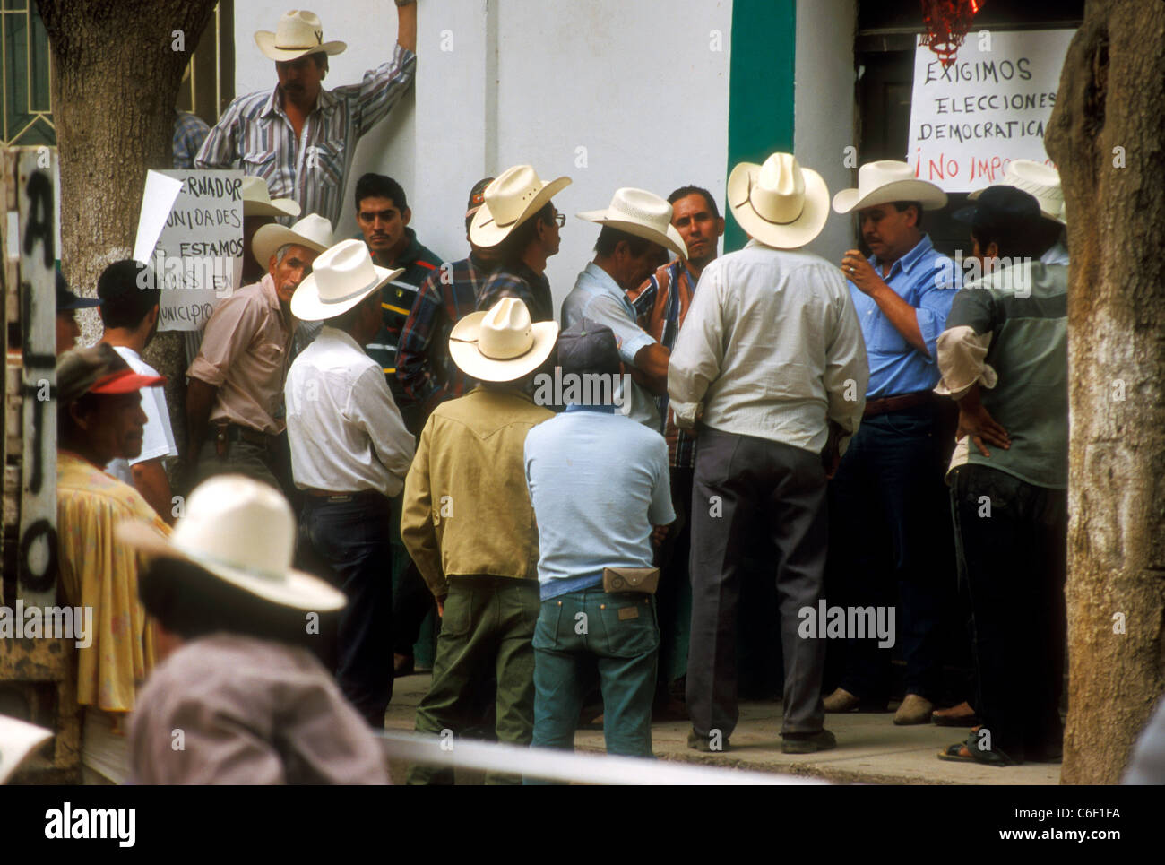Mexicans in the remote Copper Canyon township of Batopilas barricade their town hall to protest a political grievance. Stock Photo