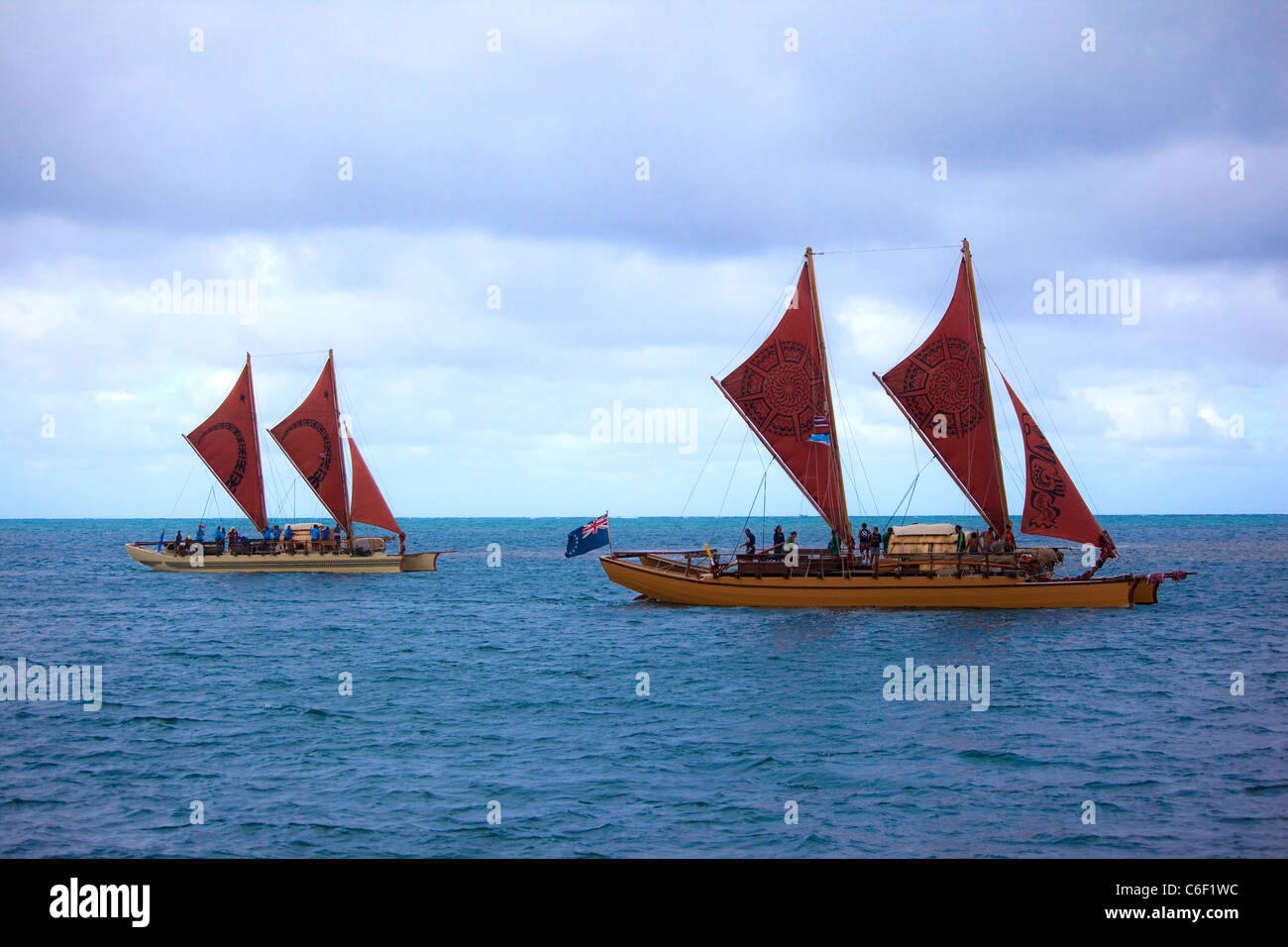 Te Mana o Te Moana 'Spirit of the Sea' 2011 voyage of 7 sailing canoes from the South Pacific. Celebration at Kualoa Park Stock Photo