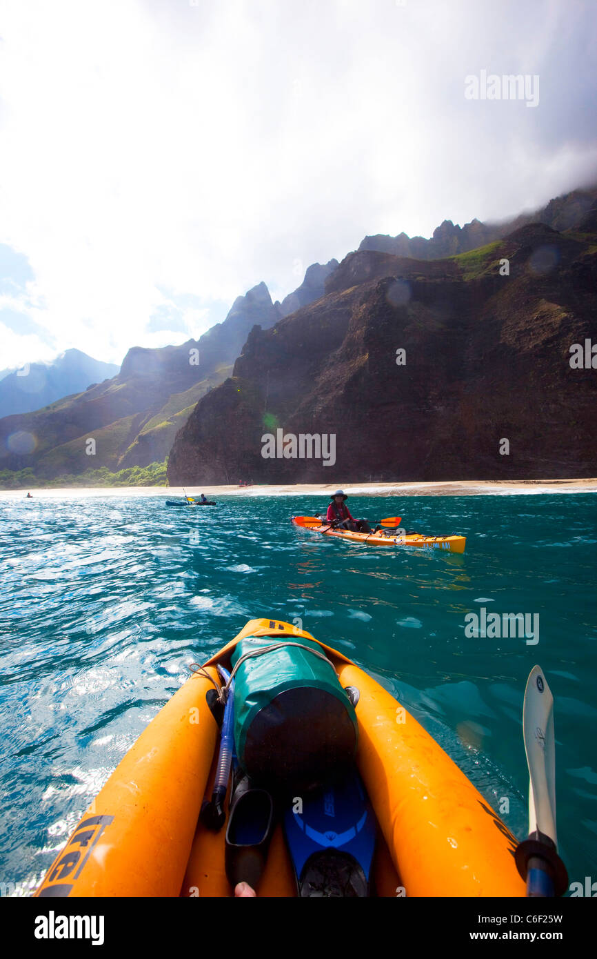 Kayaking, Kalalau Beach, Napali Coast, Kauai, Hawaii Stock Photo