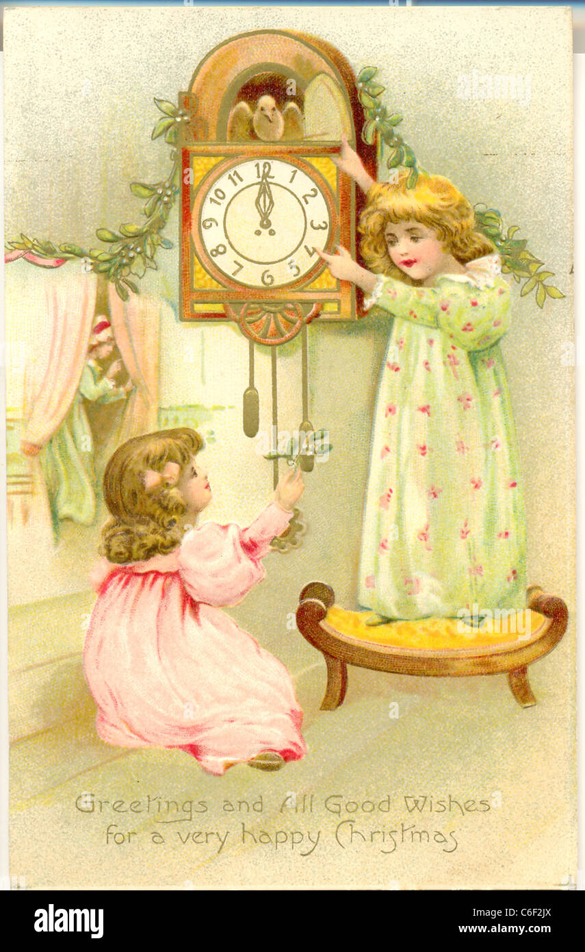 Foto Di Natale Vintage.Postcard Of Children On Christmas Eve Stock Photo Alamy