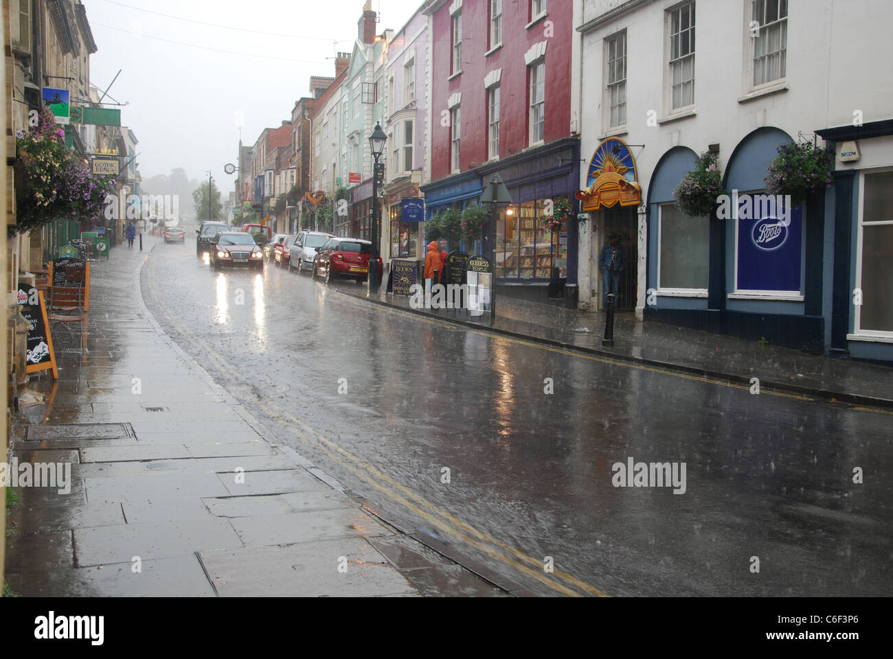 flooding in Glastonbury High Street Somerset England Stock Photo