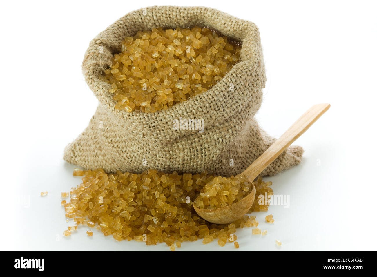 Healthy cane sugar in small burlap sack Stock Photo
