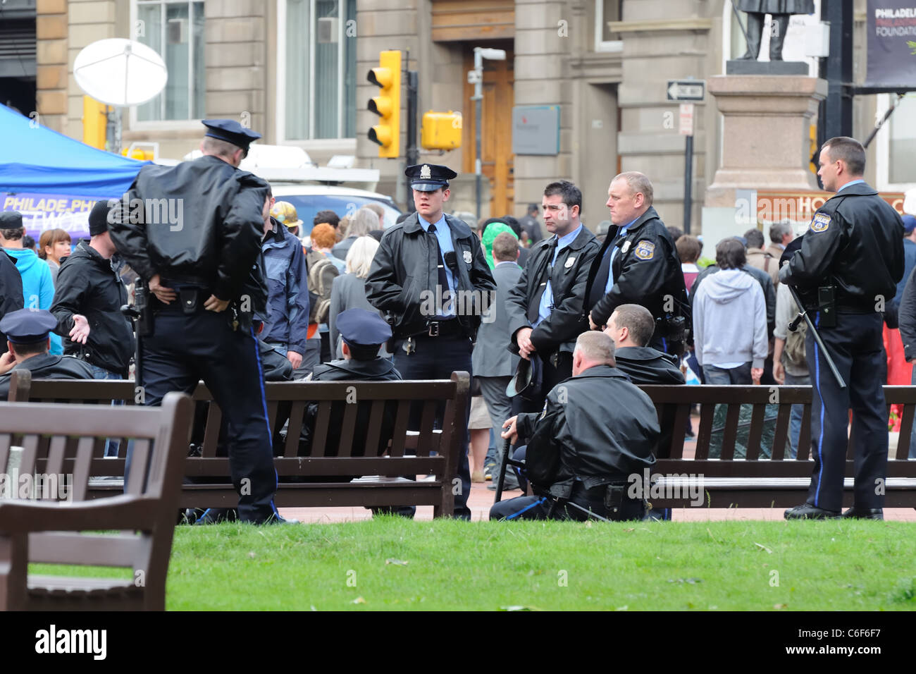 Philadelphia cops on the World War Z film set in Glasgow having a break between shooting. Stock Photo
