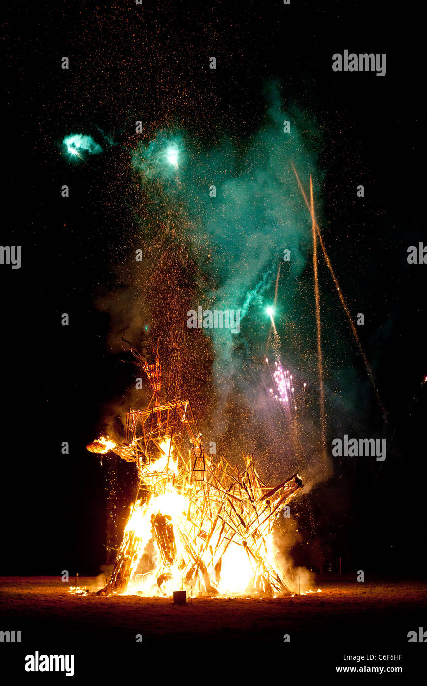 Green man festival wales burning fireworks Stock Photo