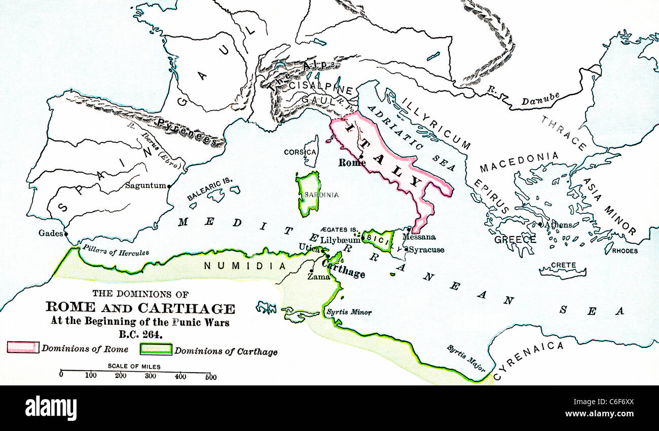 This map shows the lands under Roman control (pink) and under Carthaginian control (green) at the beginning of First Punic War. Stock Photo