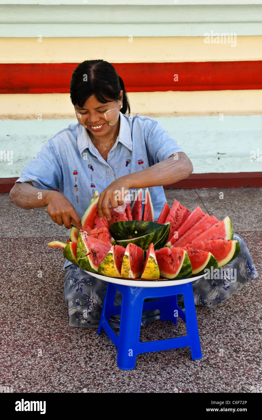Watermelon vendor, Bago (Pegu), Myanmar (Burma) Stock Photo