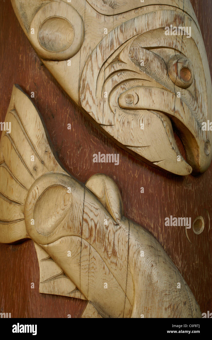 West Coast Indian salmon carving, Granville Island, Vancouver, British Columbia, Canada Stock Photo
