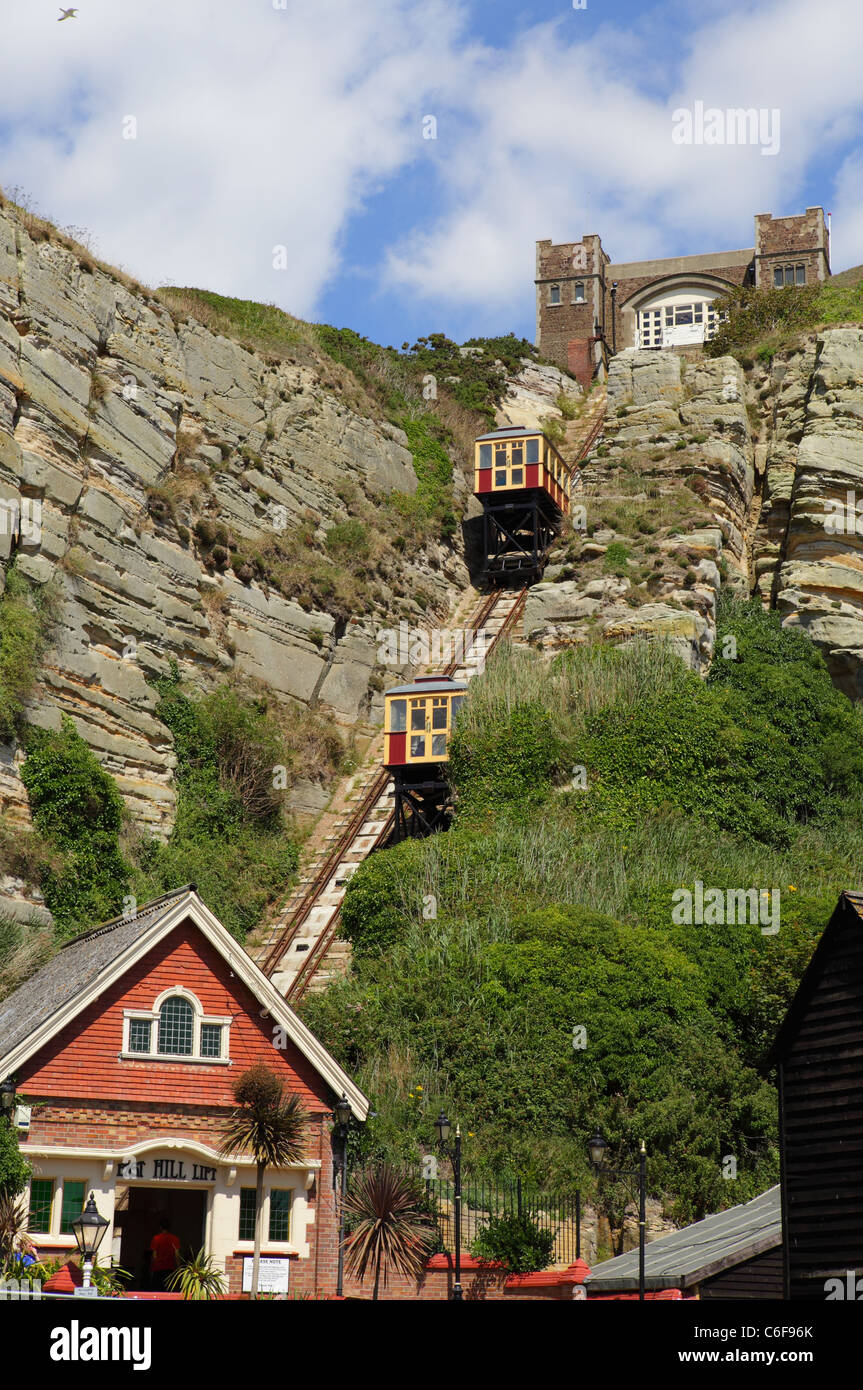 Hastings East Cliff Railway or lift built in 1903 and the steepest cliff railway in the UK, rises from Rock-a-Nore to the Country Park views. Stock Photo