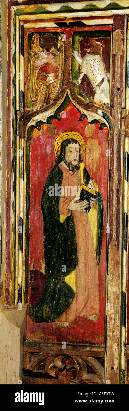 Morston, Norfolk. Rood screen, St. Luke one of The Four Evangelists Evangelist Apostle Apostles medieval 15th century  English Stock Photo