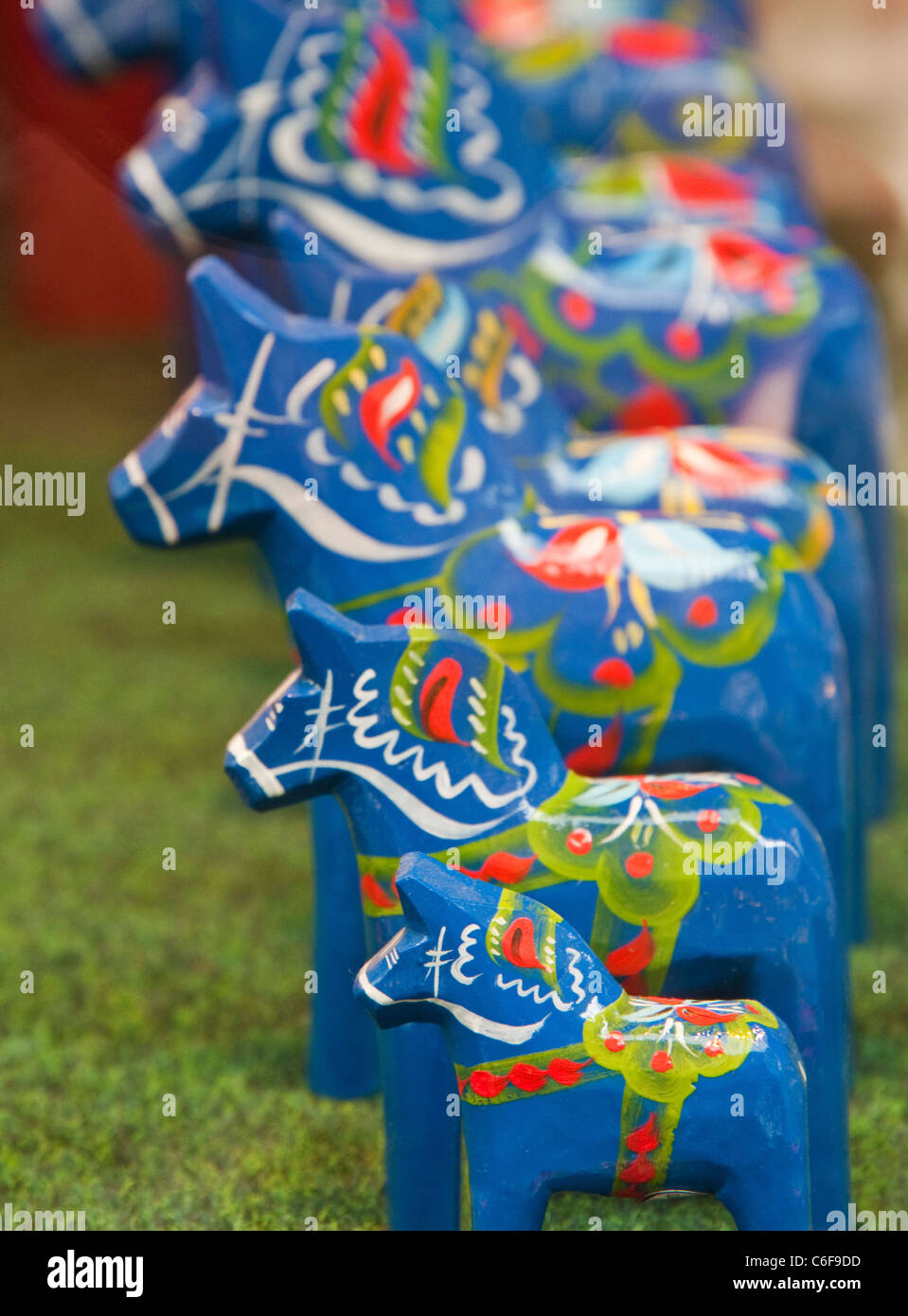 Colorful Dala Horses in a shop window in Stockholm, Sweden Stock Photo