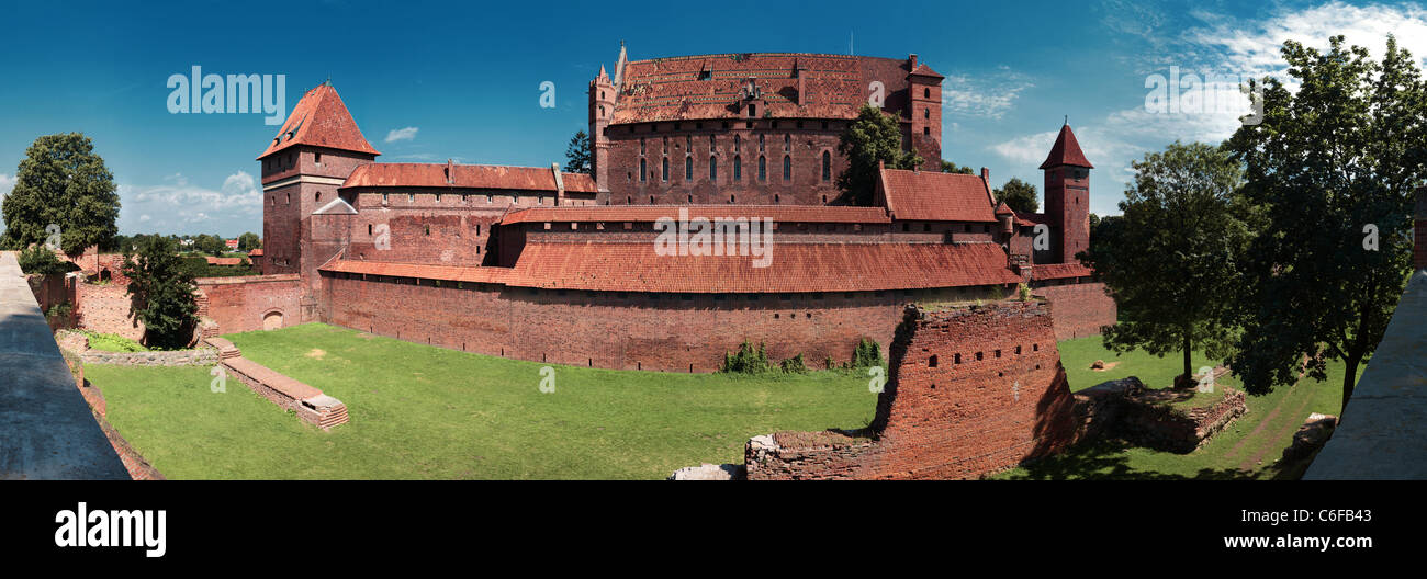 Panoramic view of the Teutonic Order’s castle in Malbork from its rear side. Multi row panorama in high resolution. Stock Photo