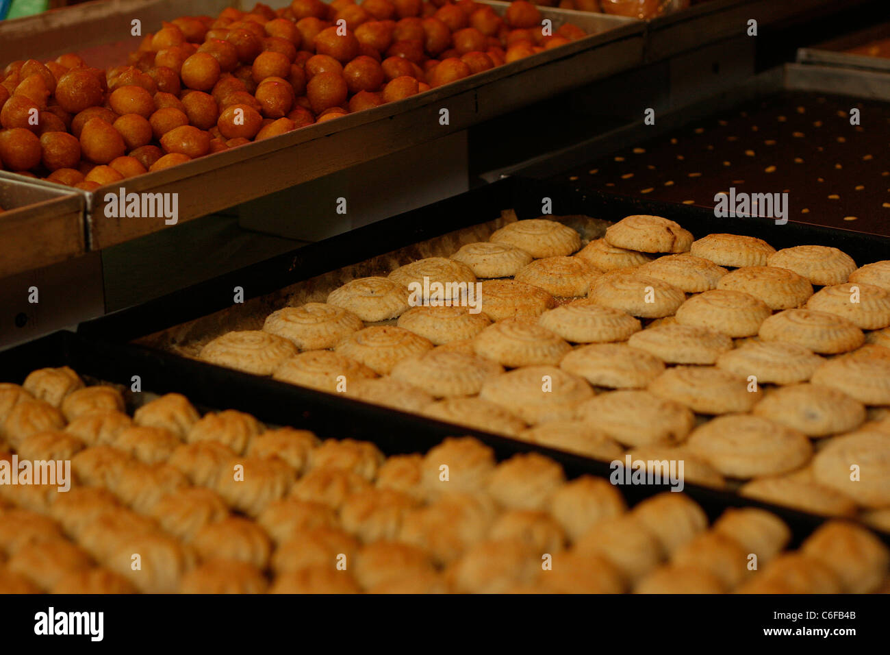 Different kind of cookies and biscuits displayed in a pastry stall in Jerusalem, Israel. Stock Photo
