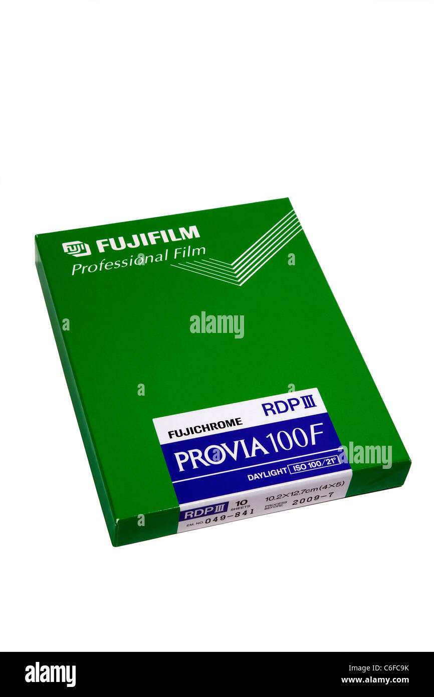 Cut out of 4x5 inch Fujifilm provia film box isolated on white ...