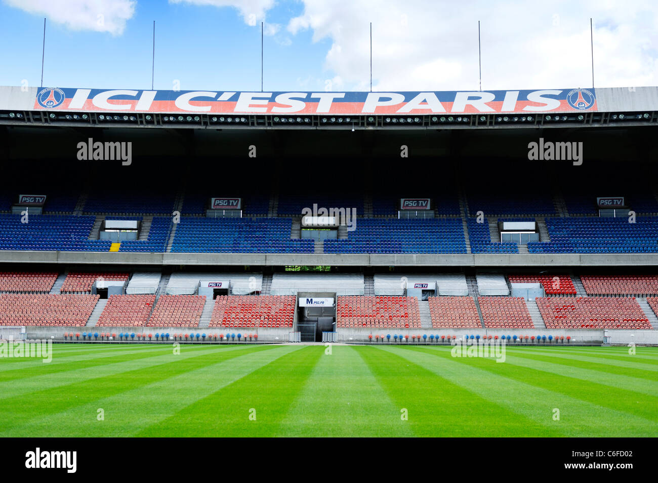 The grandstand at Paris St Germain club stadium Parc Des Princes in Paris, France. Stock Photo