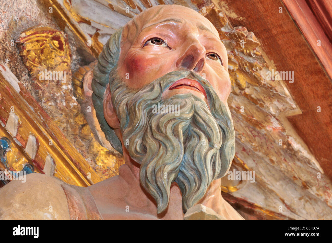 Spain, St. James Way: Detail of Sanint Jerome in the monastery church of San Juan de Ortega Stock Photo