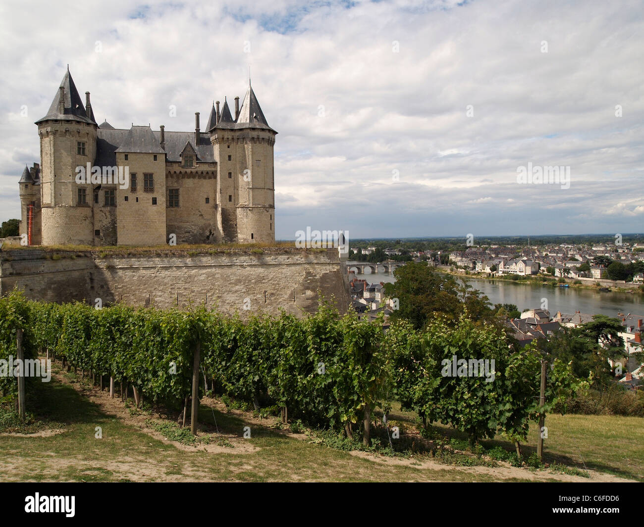 Chateau de Saumur, Loire valley, France, with vineyard in the foreground and the Loire river in the background. Stock Photo