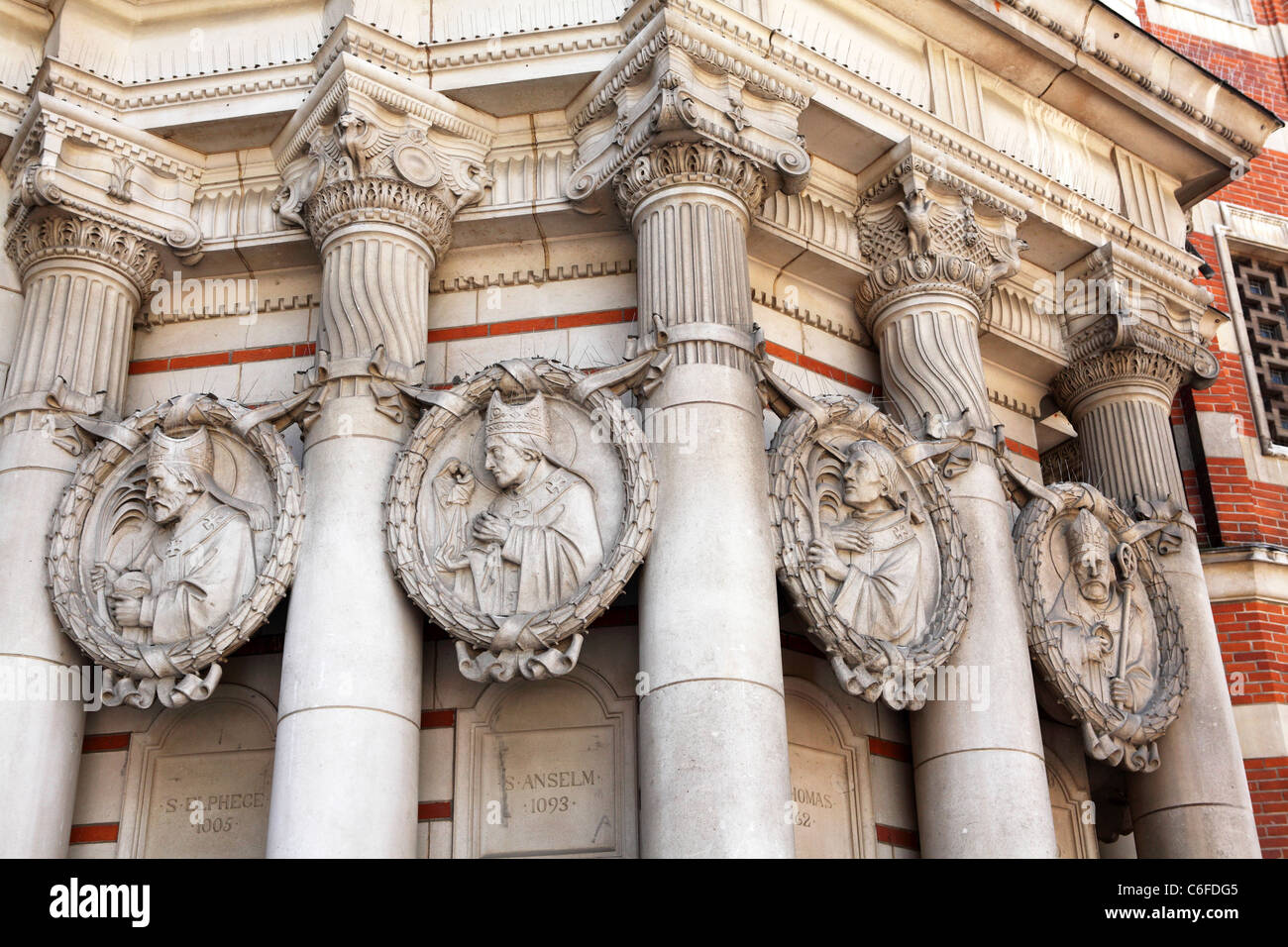 Sculptures of saints on the facade of Westminster Cathedral in London