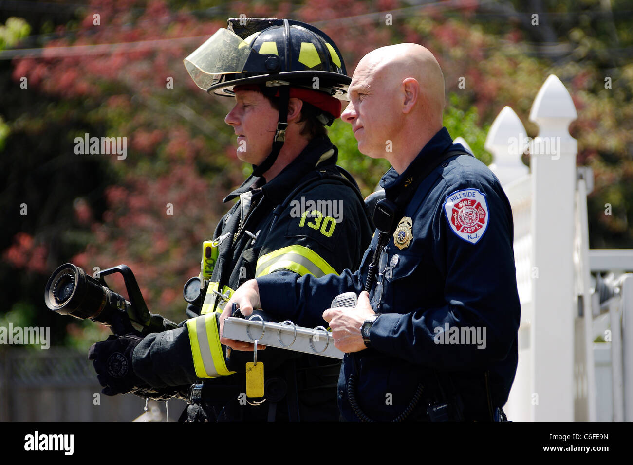 Emergency services at the scene of a fire in New Jersey. Stock Photo