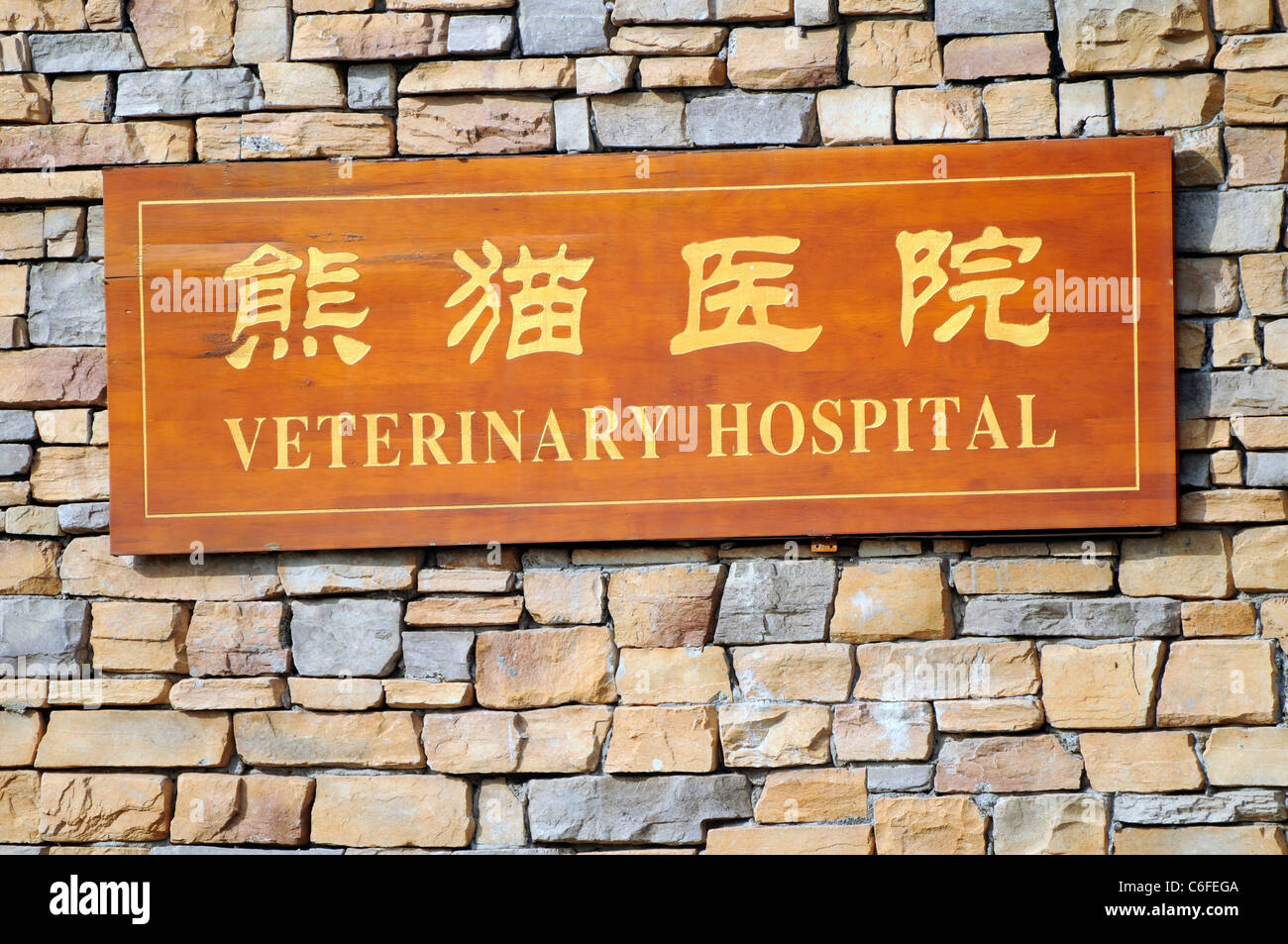 Veterinary Hospital sign at The Chengdu Research Base of Giant Panda Breeding, Chengdu, China Stock Photo