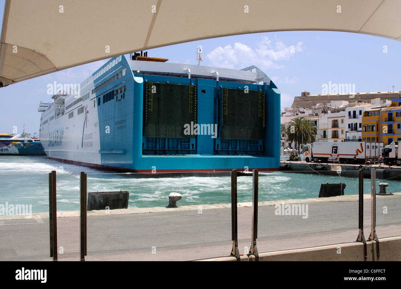 The roro ferry Abel Matutes in the port of Eivissa in Ibiza a Spanish Island Stock Photo