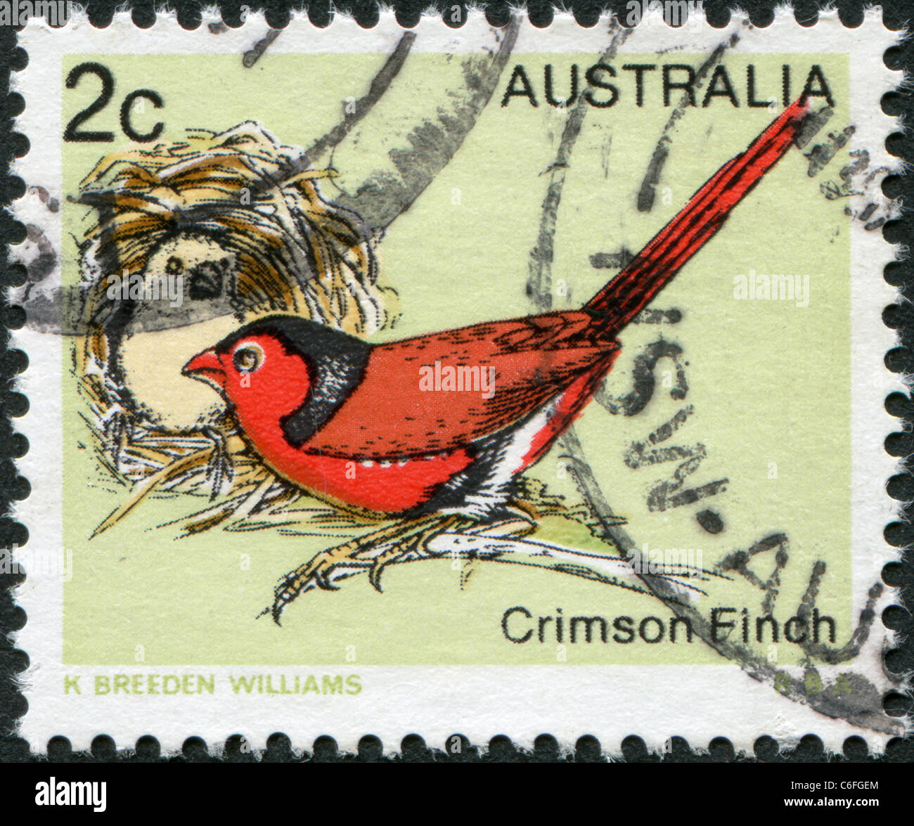 AUSTRALIA - 1979: A stamp printed in Australia, shows the Crimson Finch (Neochmia phaeton) Stock Photo