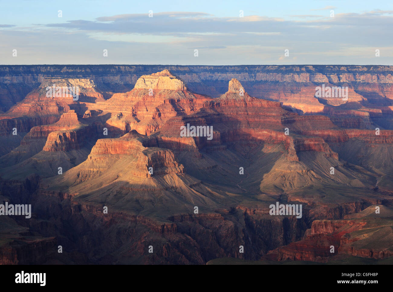 Brahma and Zoroaster Temples in the Grand Canyon accented by evening light Stock Photo