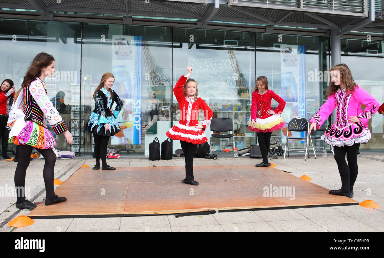 Young girls performing traditional Irish dancing at Sunderland Folk Festival 2011 Stock Photo