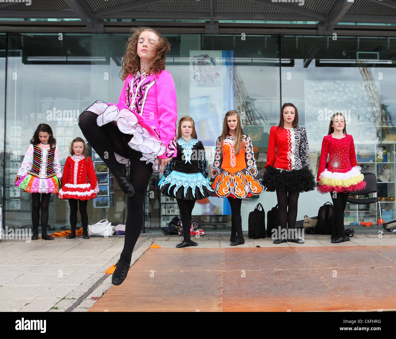 Young girls performing traditional Irish dancing at Sunderland Folk Festival 2011 Stock Photo