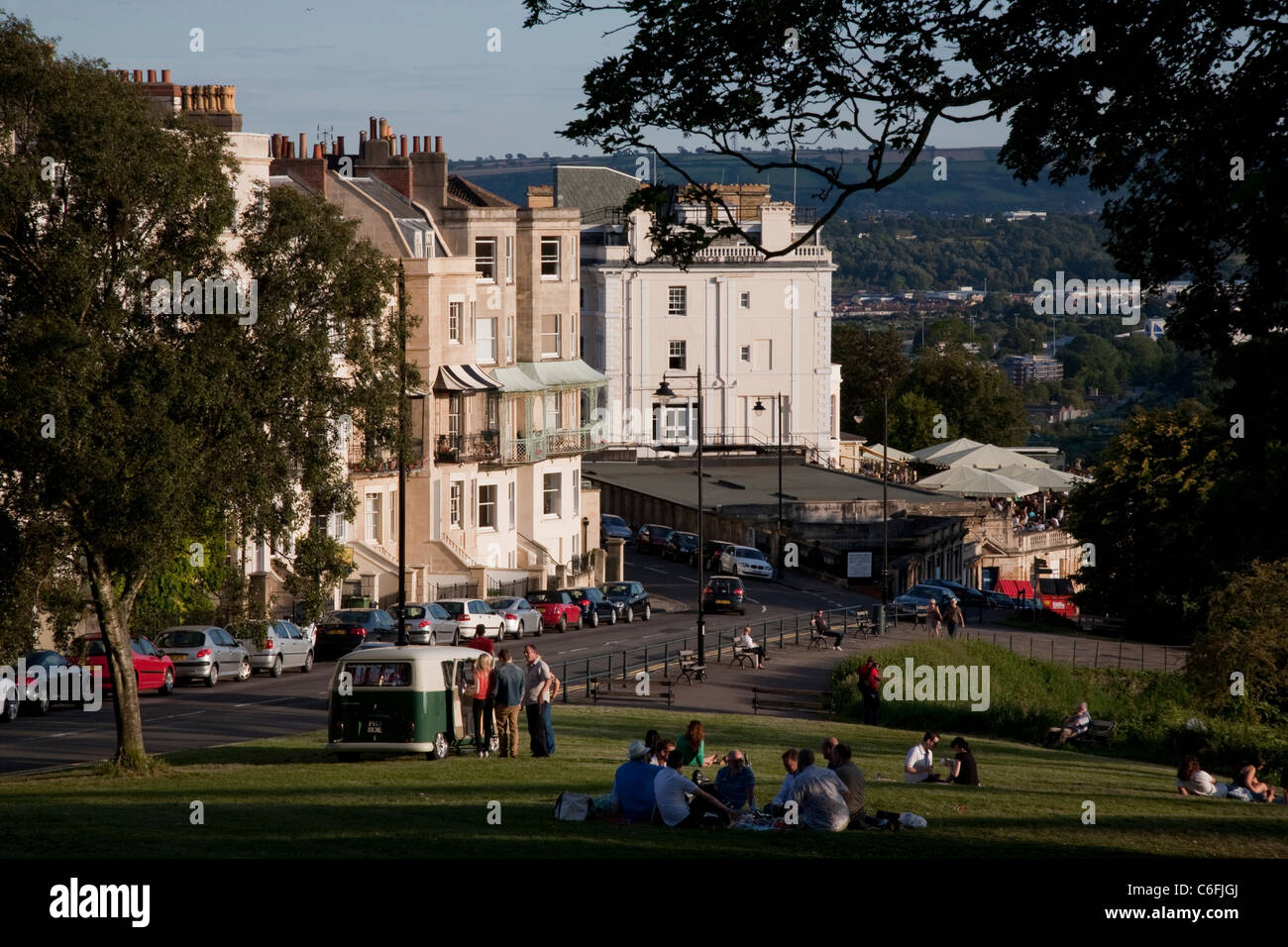 People relaxing next to the Suspension Bridge on Sion Hill, Clifton, Bristol Stock Photo