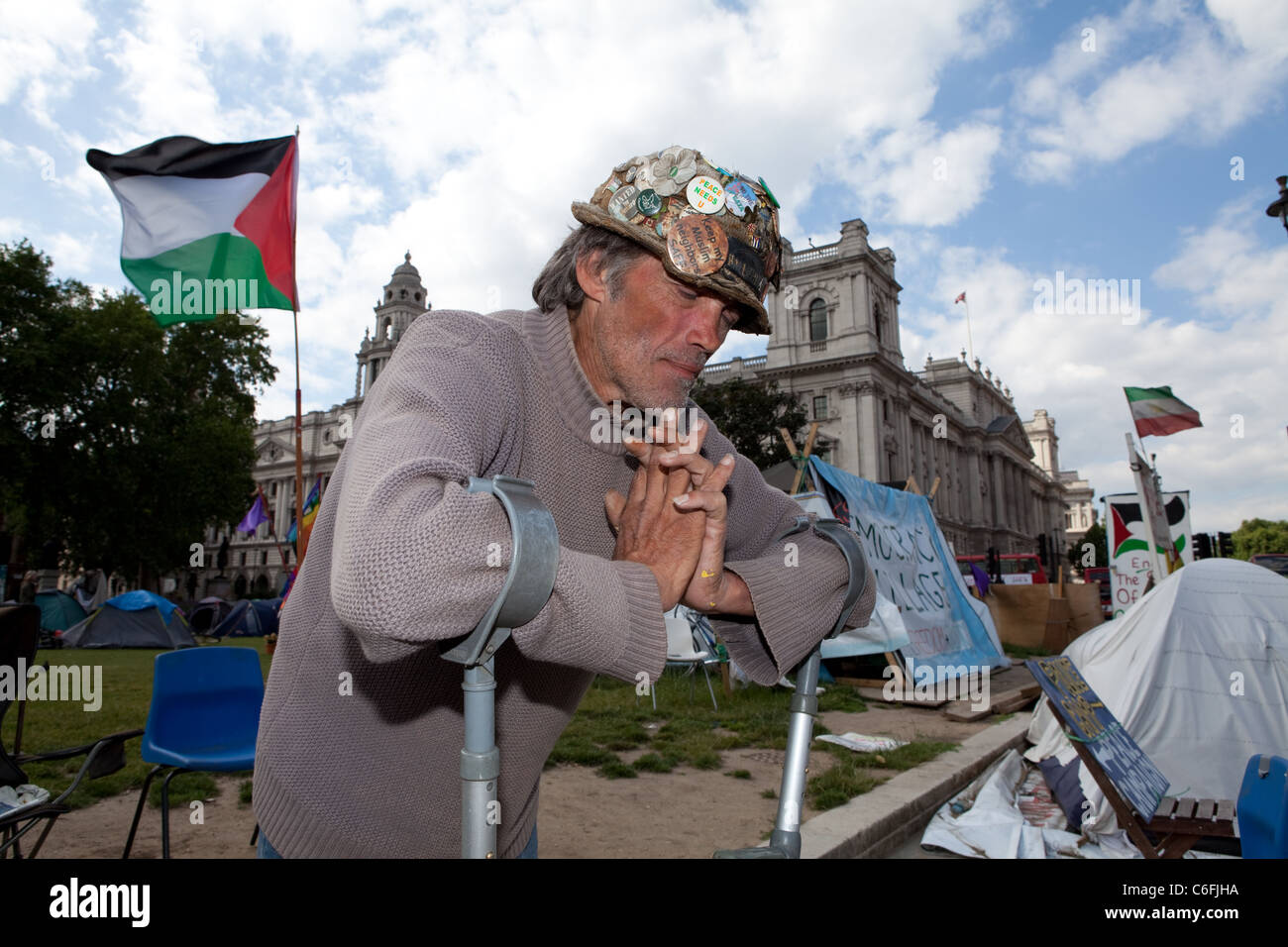 Brian Haw, anti-war protester at his peace camp outside Parliament Square. Brian has been at this site protesting since 2001. Stock Photo
