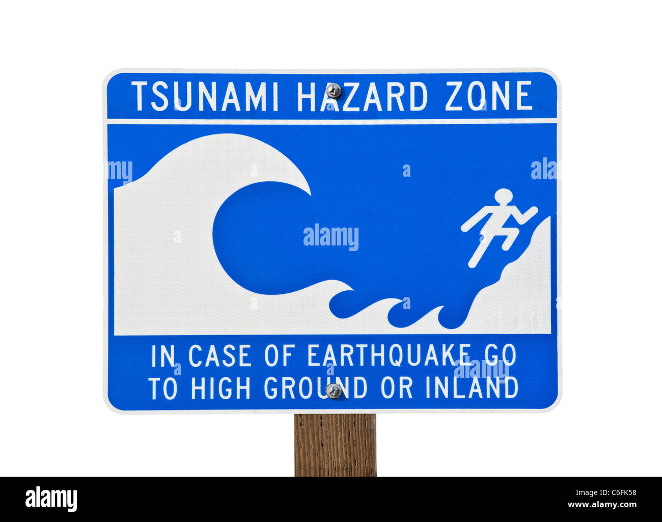 Tsunami warning zone sign isolated on white. Stock Photo