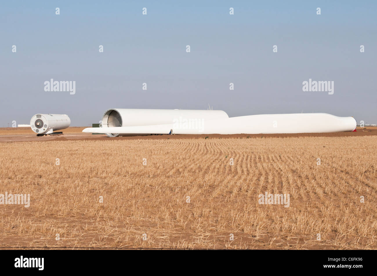 Components for a horizontal-axis wind turbine are shown on a construction site near Amarillo, Texas. Stock Photo