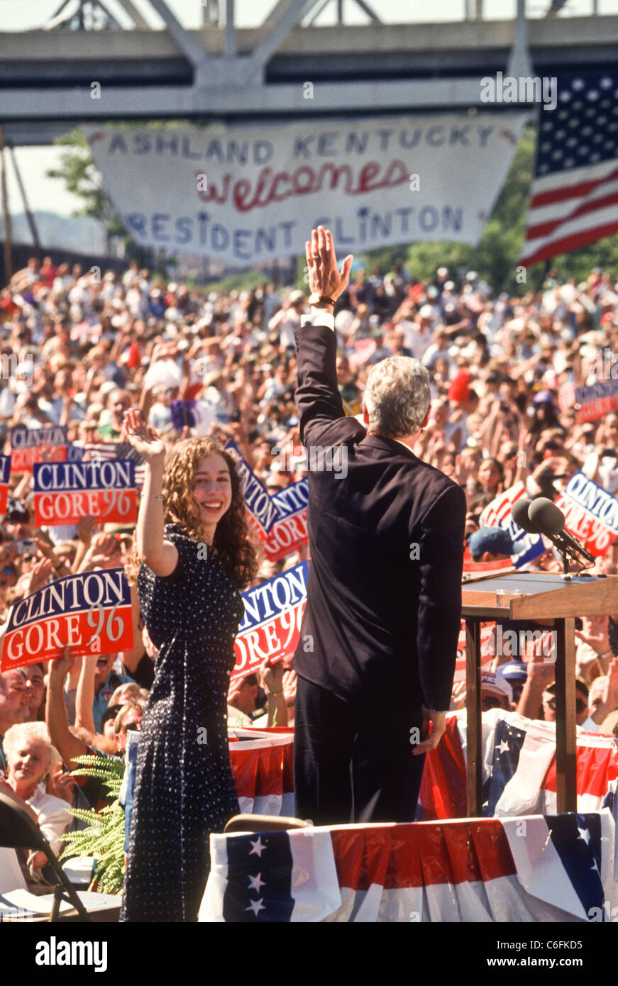 President Bill Clinton and daughter Chelsea wave to supporters during a ...