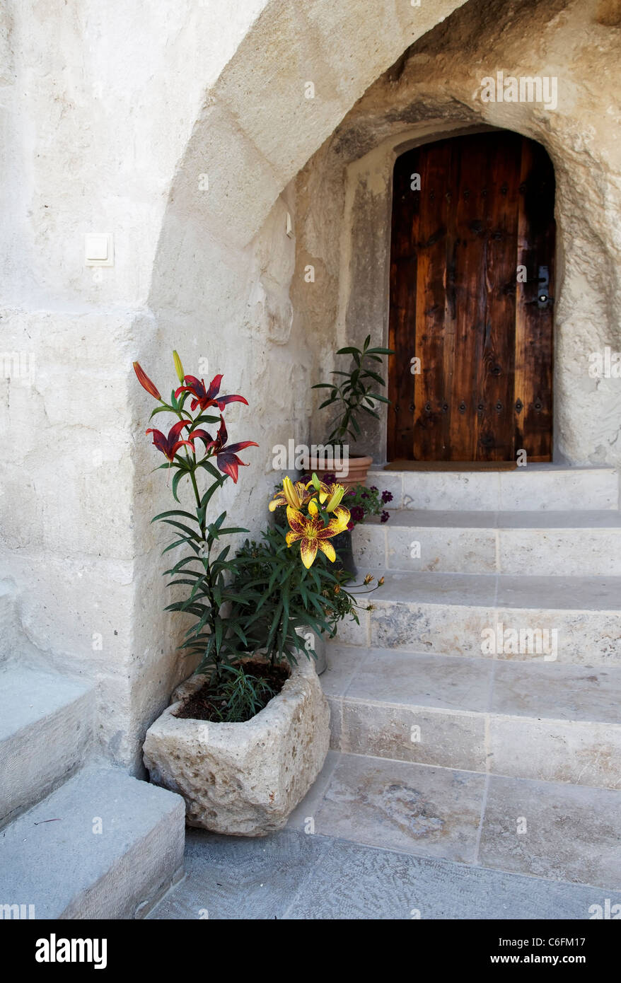 Exterior design of limestone cave stone flower pots linning steps to doorway through an archway, portrait, crop space, copy Stock Photo
